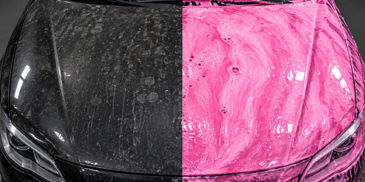 A black car hood: dirty on the left, covered in thick pink pre-wash foam on the right