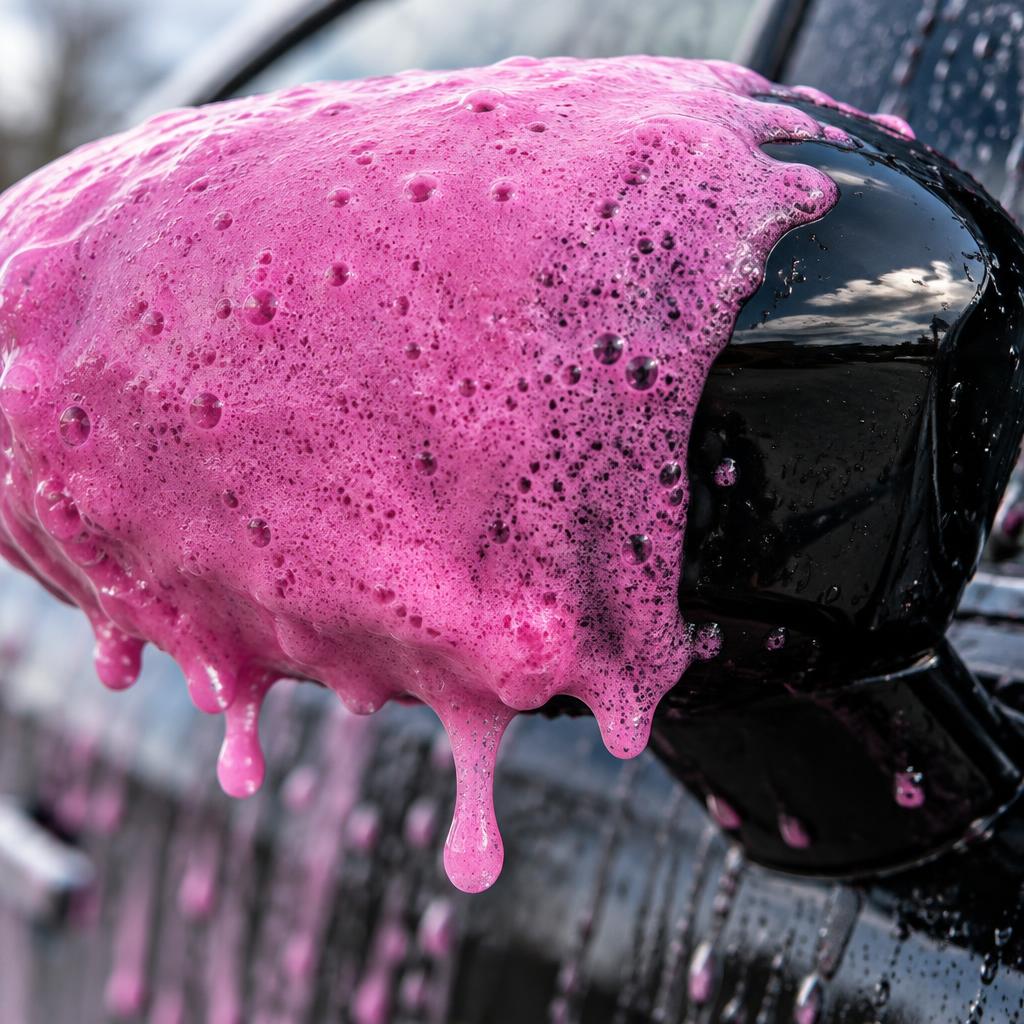 Thick pink foam dripping off a black car wing mirror